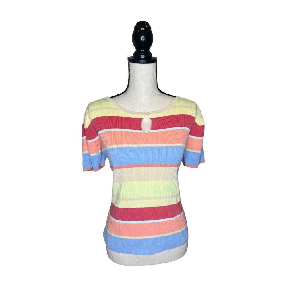 Y2K Cherokee Stripe Pastel Yellow Knit Short Sleeve Shirt Size Large